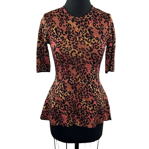 MISSONI Brown Black 40 Elegant Peplum Top Leopard Print Crew Neck Short Sleeve - Picture 1 of 10